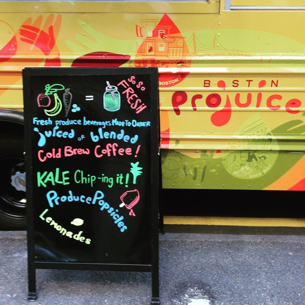 Menu board in front of the Boston Projuice truck/courtesy of Food Trucks of America